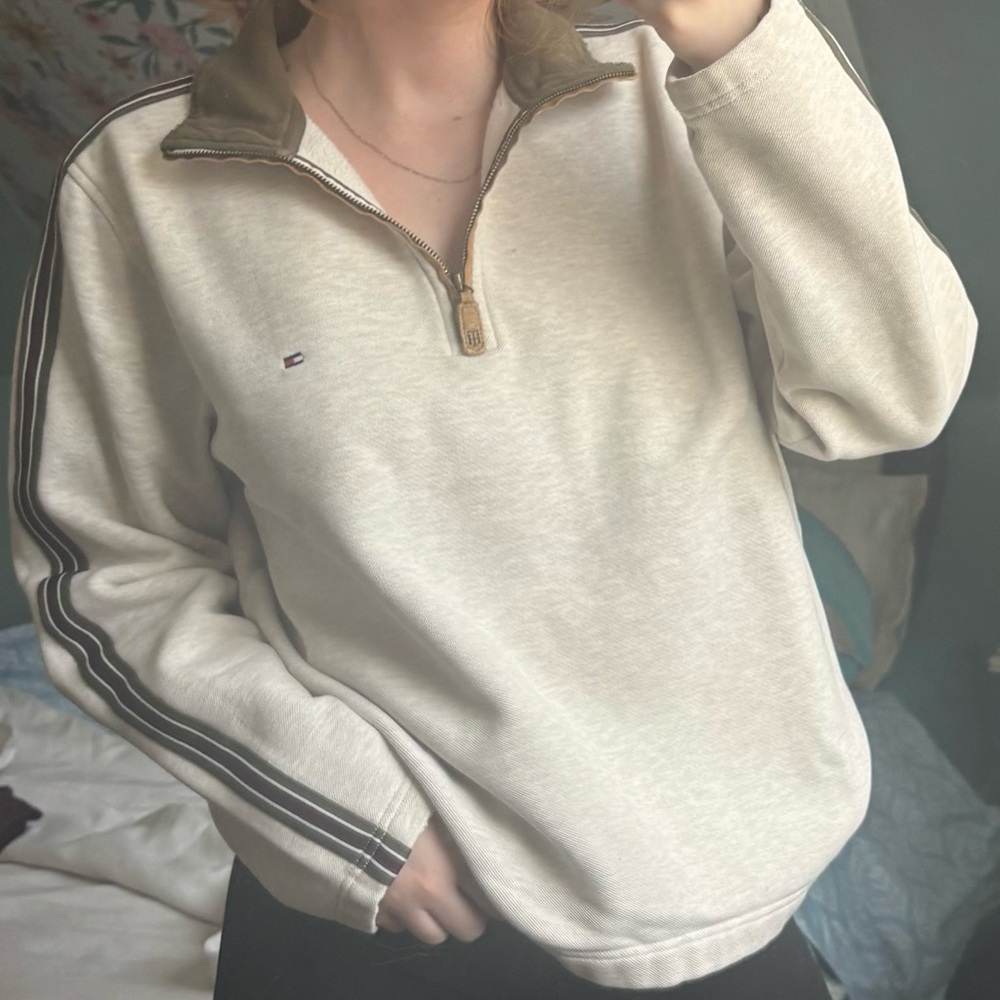 Tommy Hilfiger Cream Zip Up Sweater with Stand-Up Collar